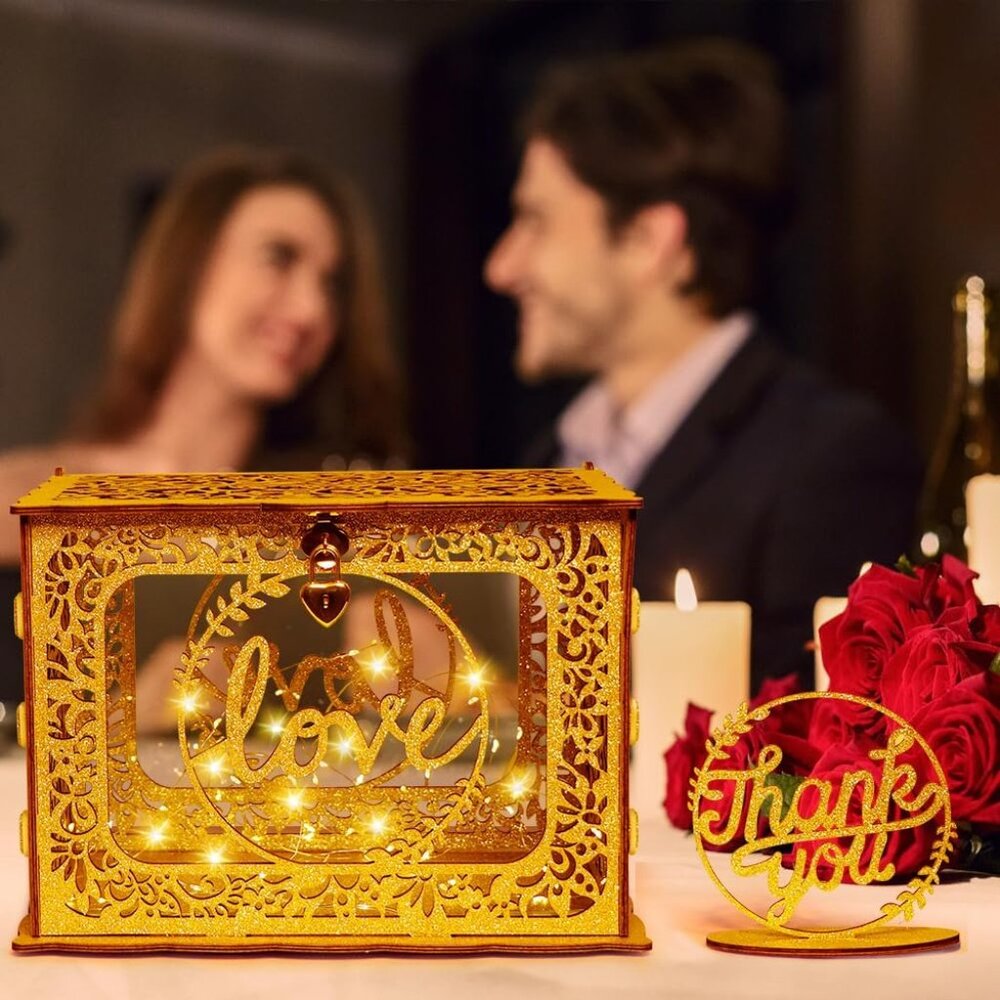 Gold Card Box for Wedding, Glitter Wooden Wedding Card Box with Heart Lock and S - Picture 5 of 6